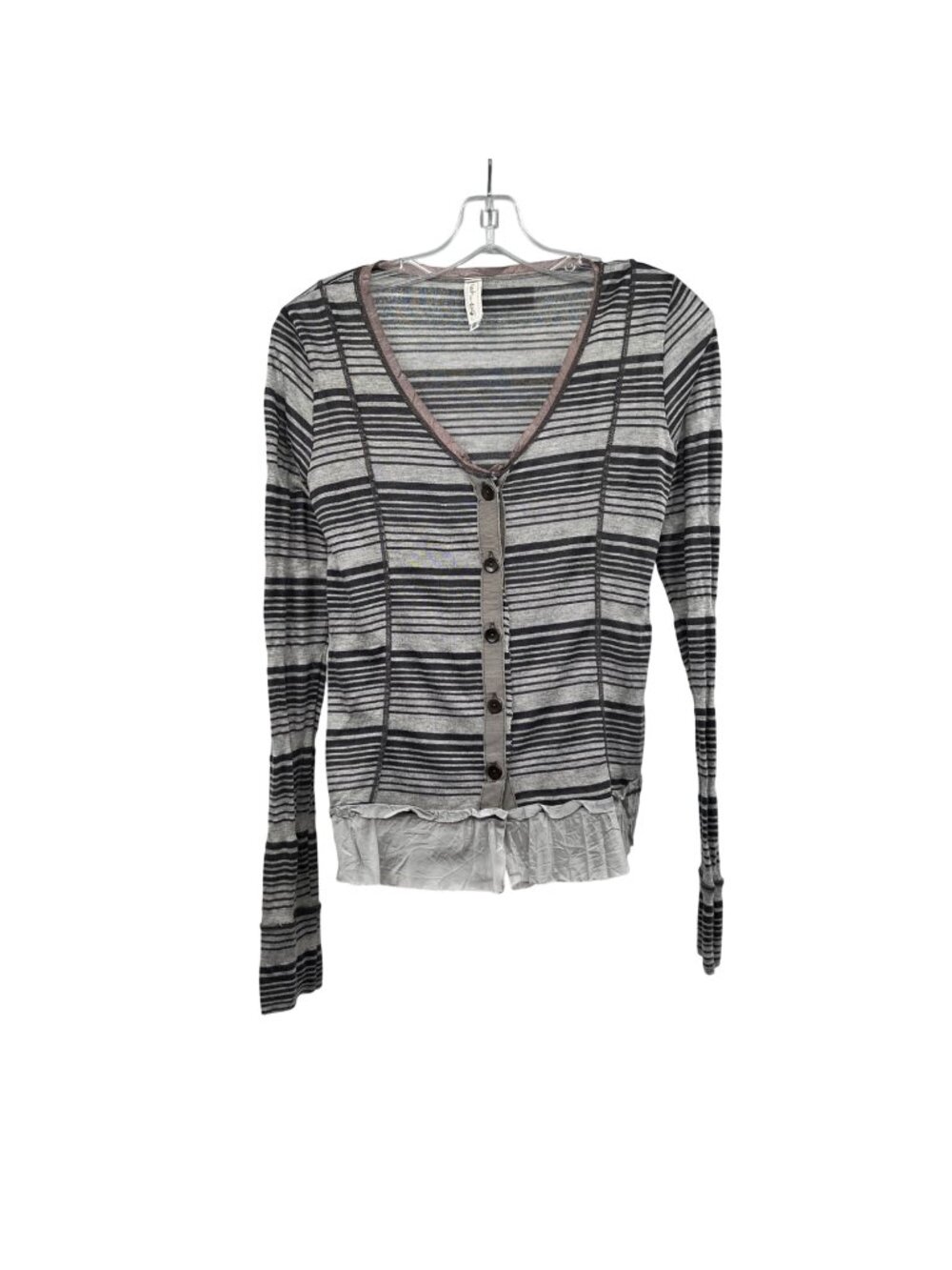 Neesh by D.A.R. Womens Sheer Striped Button Up Top Gray Mixed Media Size Small
